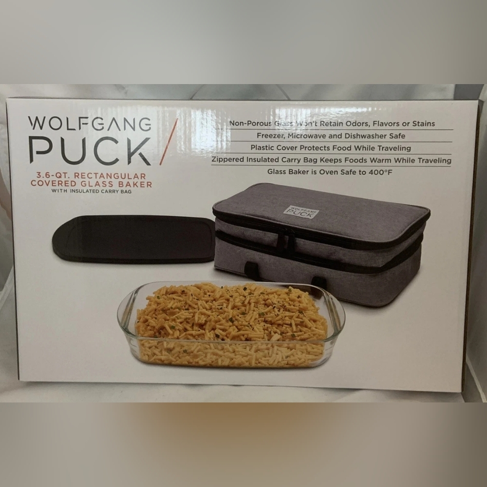 New Wolfgang Puck 3.6QT Rectangular Covered Glass Baker with Insulated Carry Bag